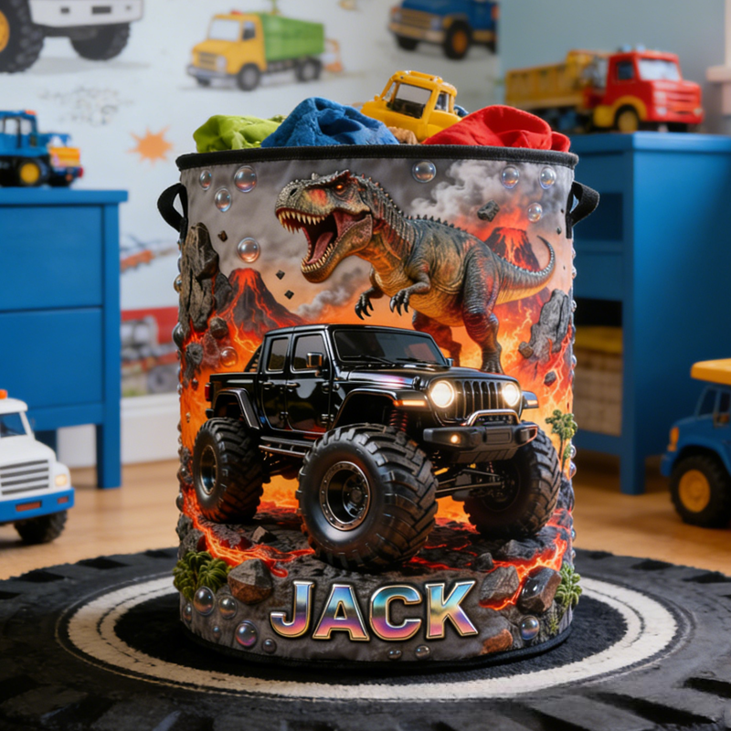 Personalized Dinosaur Monster Truck Themed Laundry Hamper and Storage Box Birthday Gift for Kids