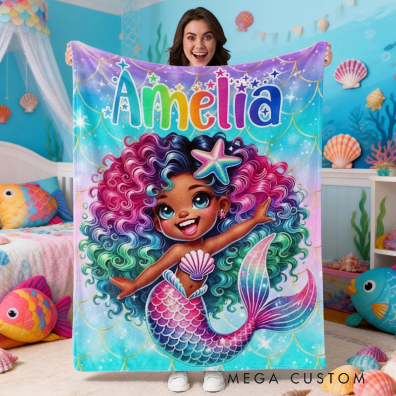 Personalized Mermaid Themed Blanket with Name Home Decor Birthday Gift for Kids Mermaid Lovers