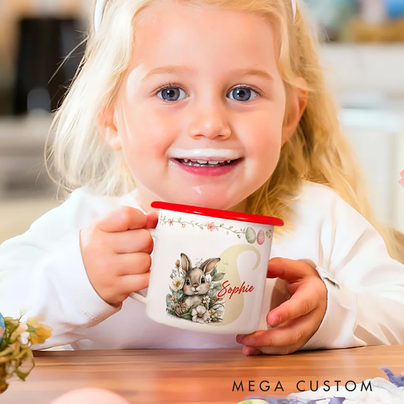 Personalized Cartoon Easter Bunny Initial 12 oz Colored Rim Enamel Mug with Name Easter Gift for Boys and Girls
