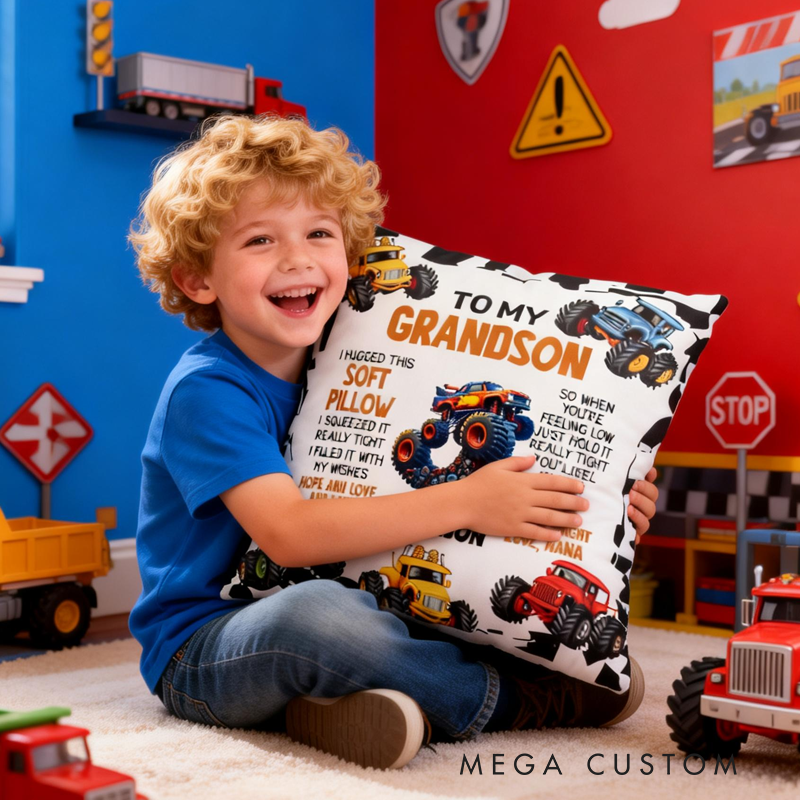 Personalized Cartoon Truck Soft Throw Pillow Cover with Name and Initial Home Decor Birthday Children's Day Gift for Kids