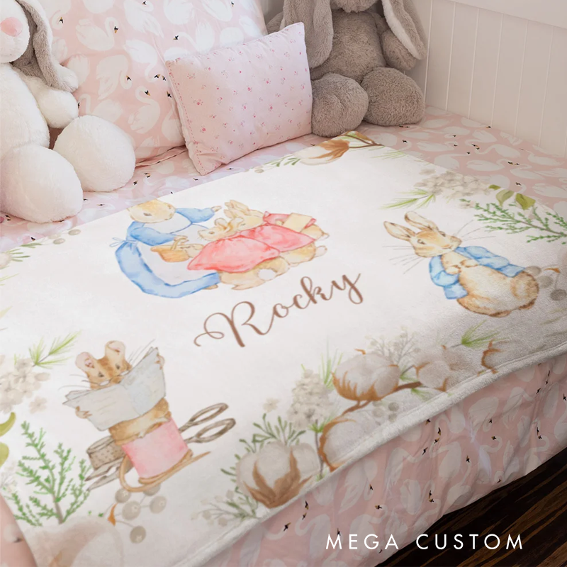 Personalized Easter Peter Rabbit Soft Throw Blanket with Name Home Decor Easter Birthday Baby Shower Gift for Newborn Kids
