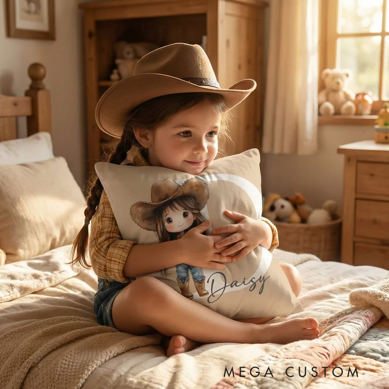 Personalized Cartoon Cowboy Cowgirl Soft Throw Pillow Cover with Name and Initial Home Decor Birthday Gift for Boys Girls
