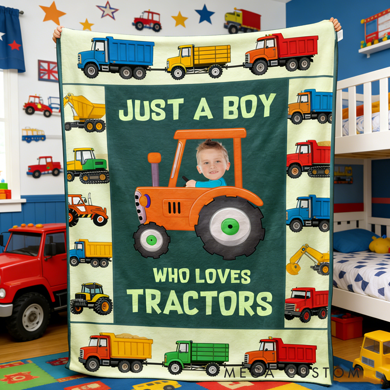 Personalized Just A kid Who Loves Tractors Baby Photo Blanket with Name Home Decor Birthday Gift for Kids