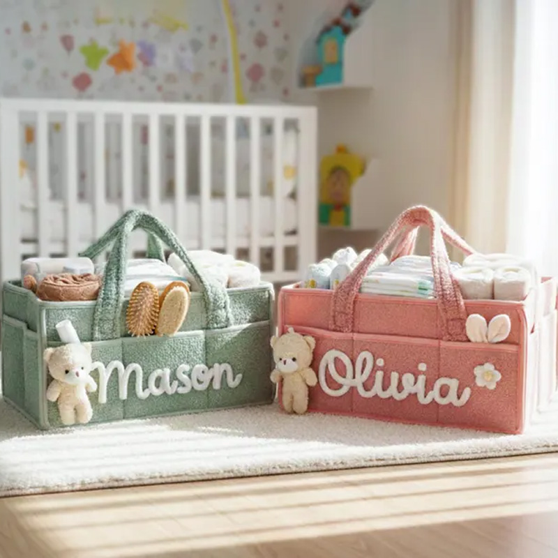 Personalized Plush Baby Storage Basket Soft Bin Side Pockets Custom Nursery Organizer with Charm
