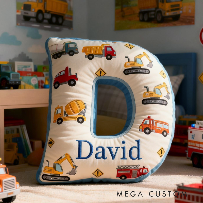 Personalized Construction Letter Pillow Custom Initial Pillow for Kids Trucks Vehicles Nursery Decor Boys Room Cushion Toddler Gift