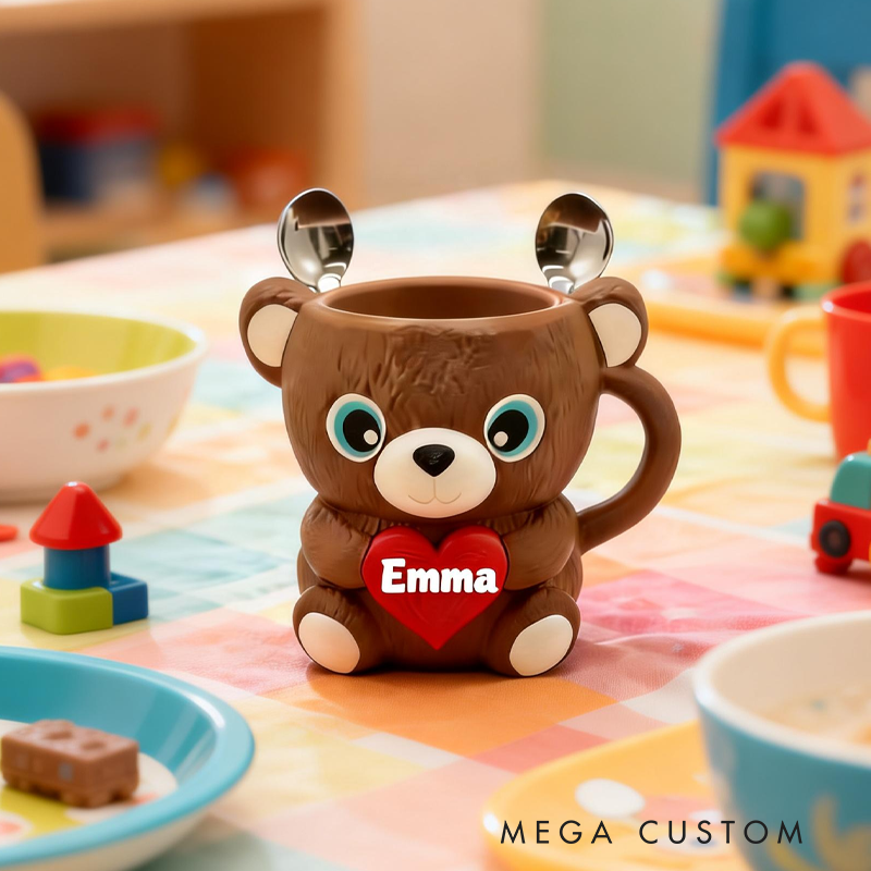 Personalized Cartoon Heart-Shaped Bear Ice Cream Pint Holder 3D Printed with 2 Spoon Slots Cozy Birthday Gifts for Kids