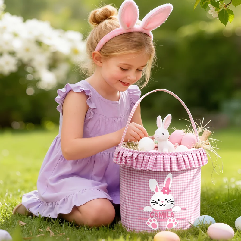 Personalized Cute Bunny Plaid Easter Basket with Name Easter Eggs Hunting Easter Day Gift for Boys Girls
