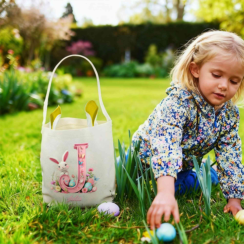 Personalized Name Rabbit Easter Eggs 3D Pink Alphabet Bucket Bag with Bunny Ears Cotton Linen Easter Egg Hunt Basket Easter Gift for Kids Boys Girls