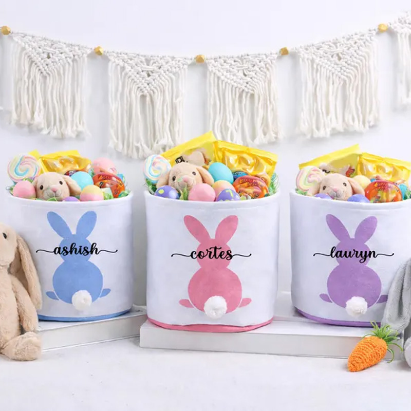 Personalized Easter Bunny Tail Theme Name Basket Cute Felt Tote Bag for Egg Hunt Spring Gift Collection