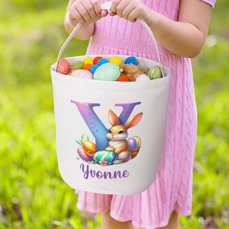 Personalized Cute Easter Bunny Initial Canvas Bucket Basket with Name Easter Egg Hunting Easter Party Favors Gift for Kids