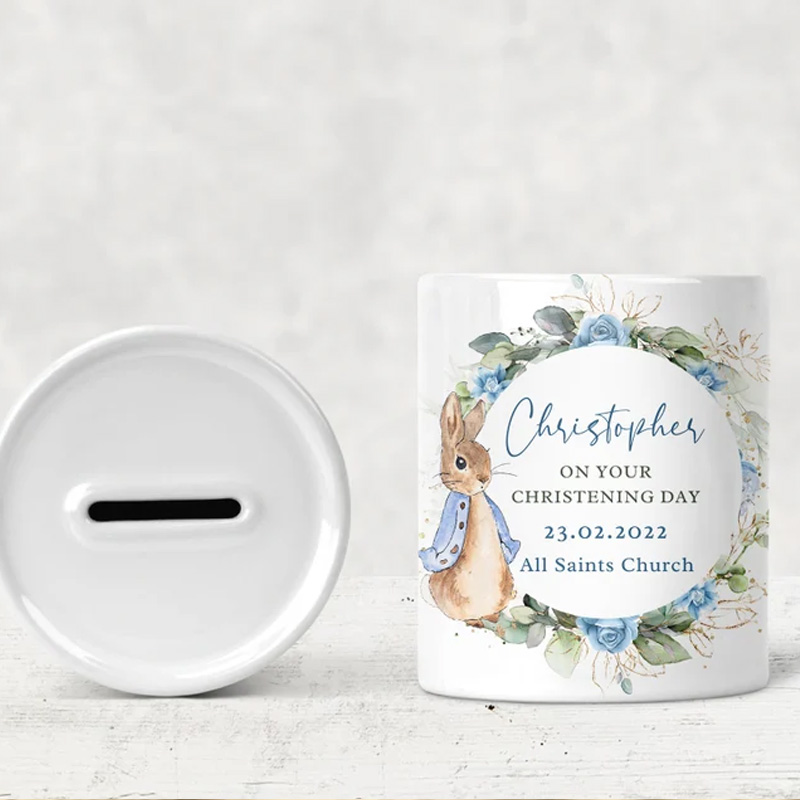 Personalized Bunny Wreath Theme Name Ceramic Money Box Baby Shower Gift Nursery Decor Bank