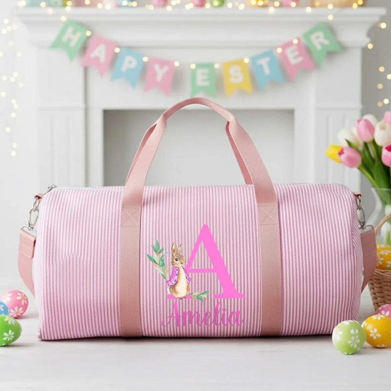 Personalized Cute Peter Rabbit Striped Canvas Large Travel Bag with Name and Shoulder Strap Travel Easter Gift for Kids