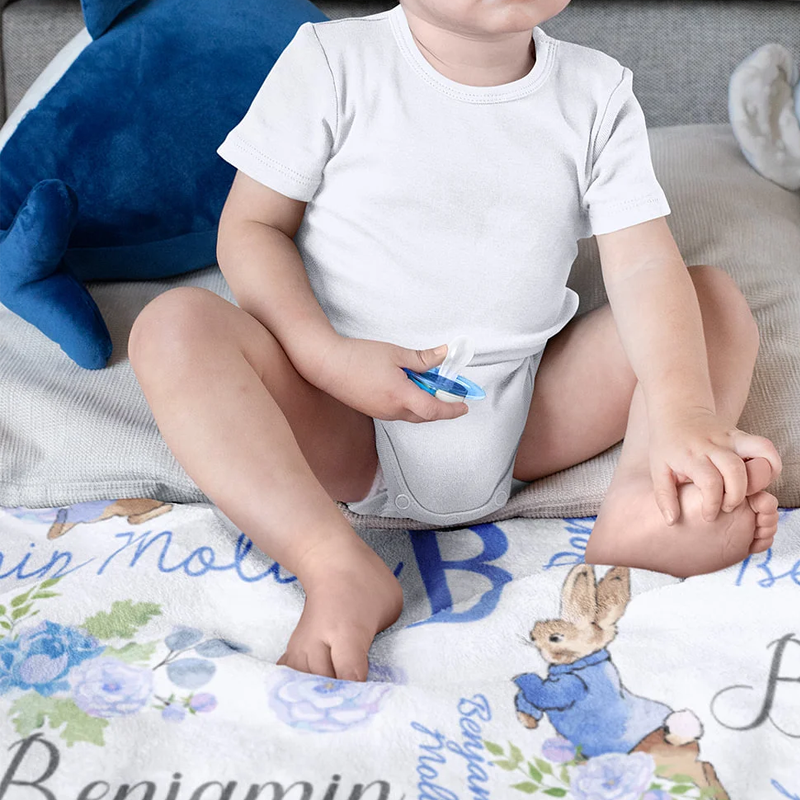 Personalized Rabbit Bunny Floral Blanket with Initial and Name Easter Birthday Gift for Kids