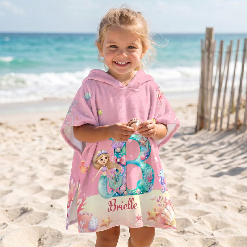 Personalized Dinosaur Mermaid Soft Kids Hooded Beach Towel with Name and Initial Beach Party Summer Vacation Birthday Gift for Boys Girls