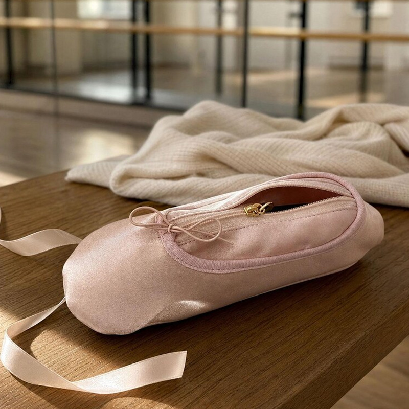 Personalized Ballet Themed Satin Pointe Shoe Design Zipper Pencil Case Makeup Pouch Stationery Bag
