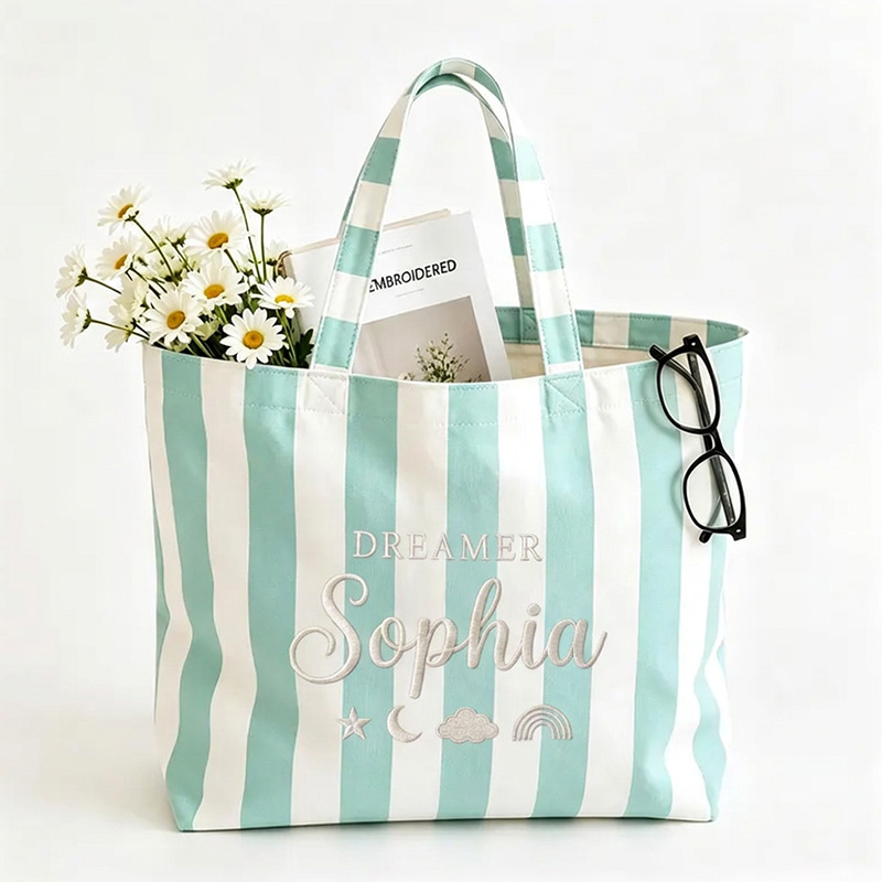 Personalized Dreamer Themed Pastel Stripe Design Canvas Tote Bag With Name Moon Star Cloud Rainbow Motifs Design 