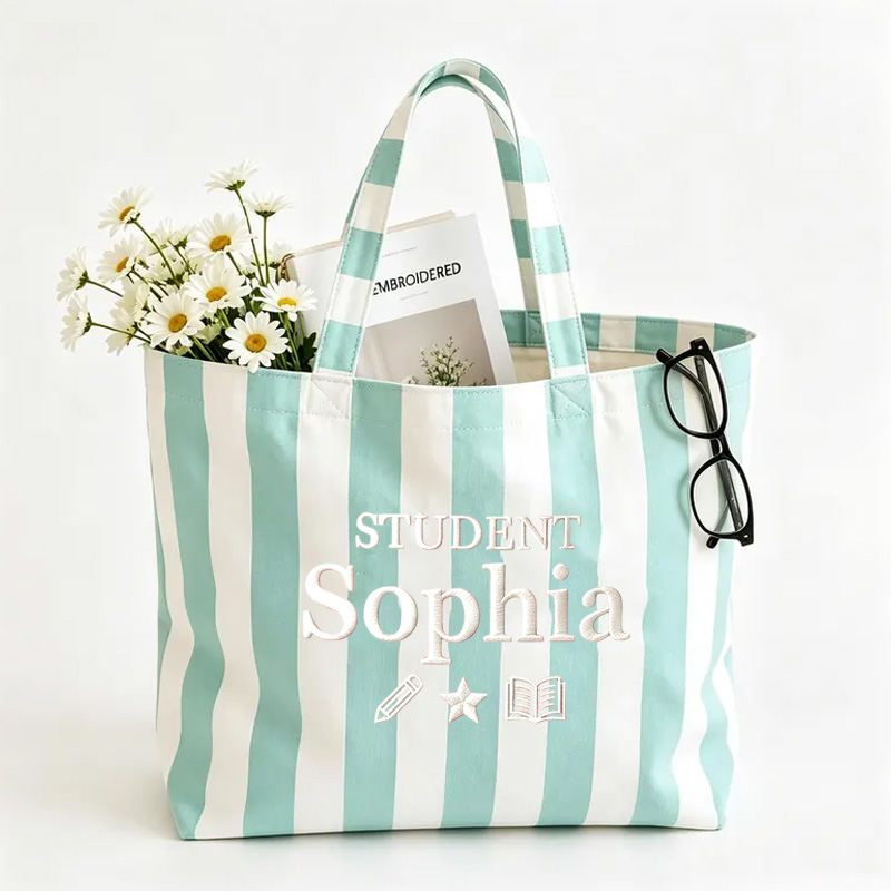 Personalized Embroidery Student Themed Pink Stripe Design Canvas Tote Bag With Name Motifs