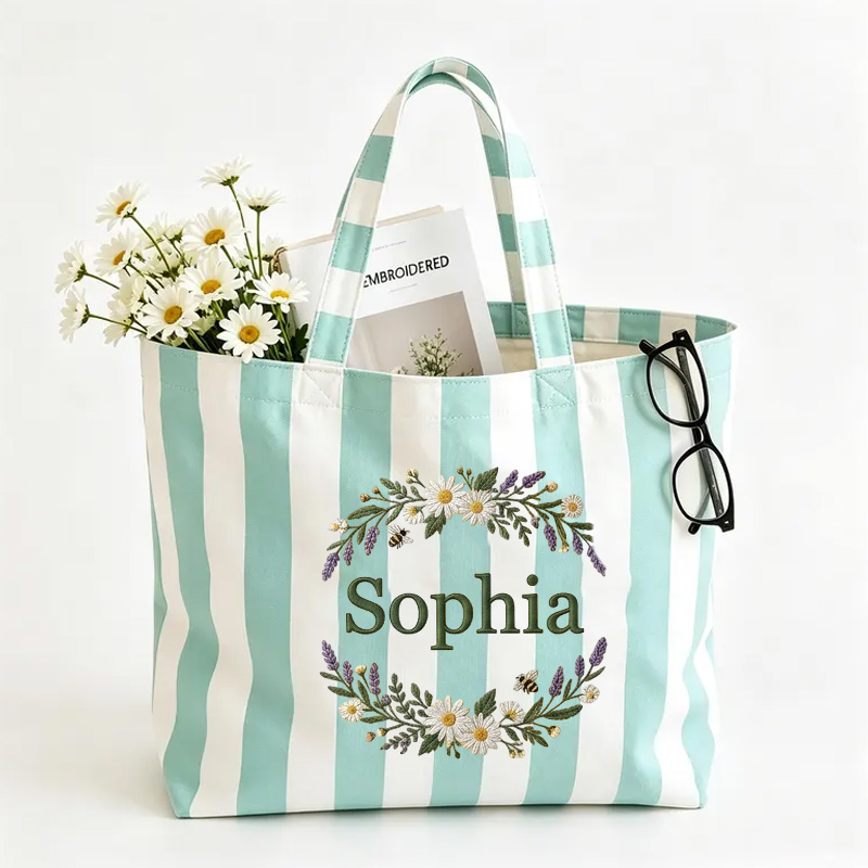 Personalized Embroidery Floral Wreath Themed Lavender Stripe Design Canvas Tote Bag With Name Rustic Botanical Pattern Gift for Girls