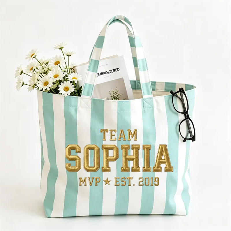 Personalized Embroidery Team Themed Neutral Stripe Design Canvas Tote Bag With Name MVP Est Year Sporty Varsity Style