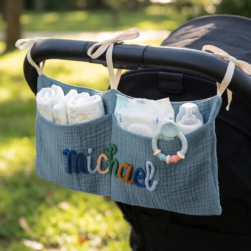 Personalized 100% Cotton Crib Organizer Bag Hanging Storage Car Backseat Pouch Nursery Decor Baby Shower Birthday Gift for Newborn New Parent