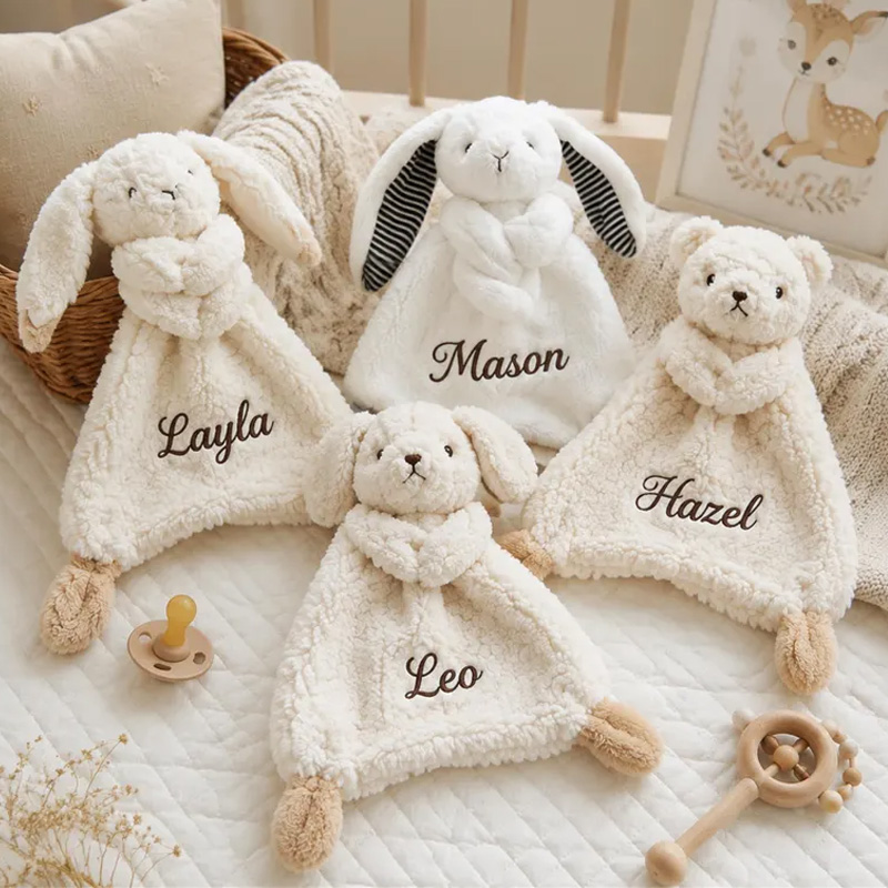 Personalized Embroidered Plush Bunny Security Blanket With Embroidered Name Soft Baby Lovey Comforter For Newborns Toddlers