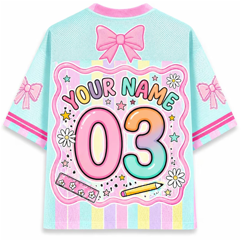 Personalized Grade Back To School Themed Kids Jersey Top Colorful Pastel Lettering Flowers Bows Rainbow Cute Outfit