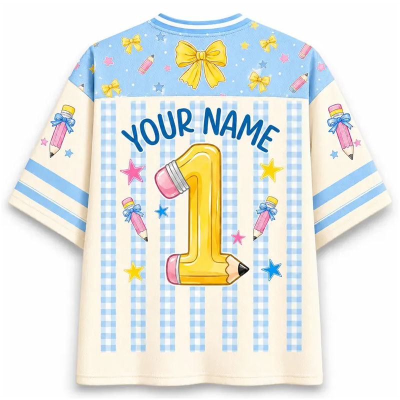 Personalized Grade Back To School Yellow Bow Kids Jersey Cute Pastel Stripes Stars Hearts Fun Classroom Outfit