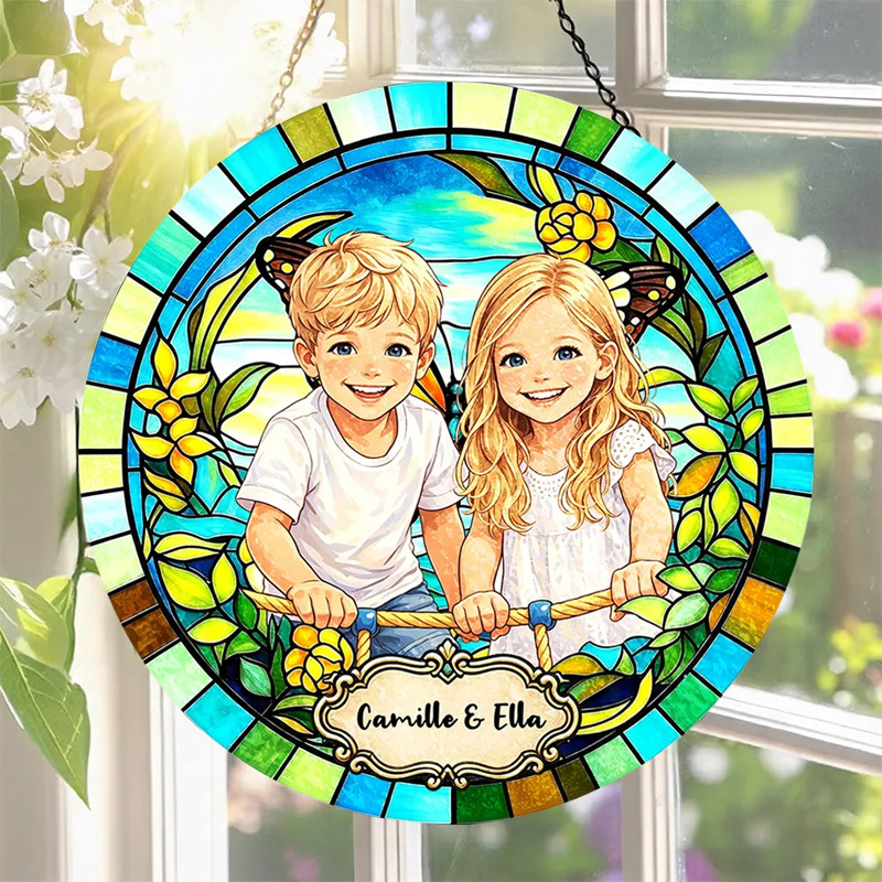 Personalized Photo Portrait Stained Glass Siblings In Garden Blue Green Border Kids Names Keepsake Window Hanging Suncatcher
