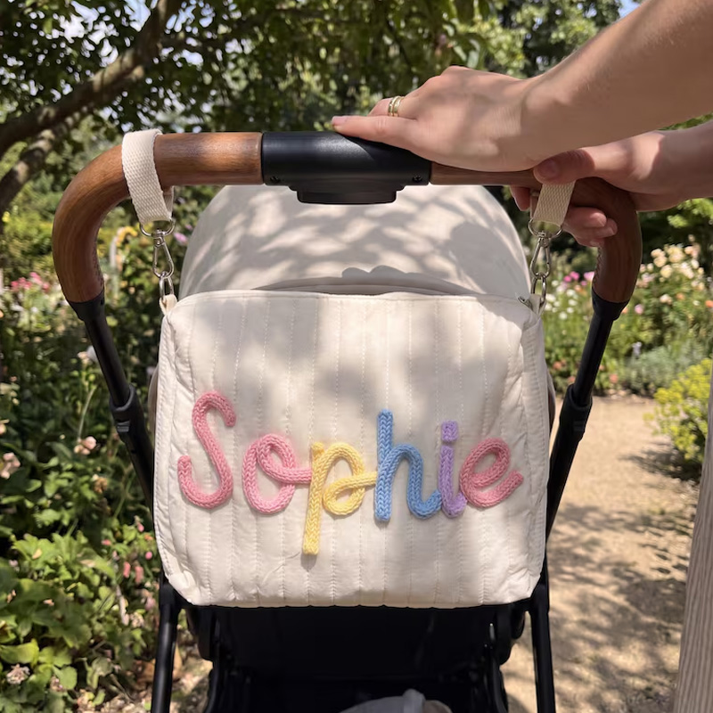 Personalized Quilted Baby Stroller Diaper Bag With Custom Rainbow Name Patch For Mom And Kids