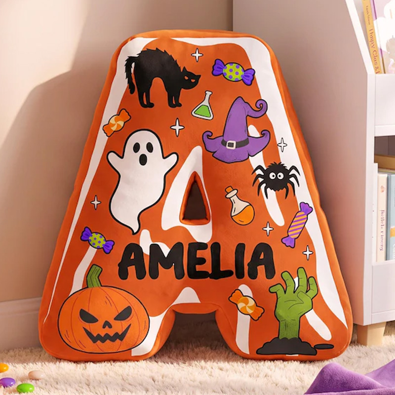 Personalized Halloween Alphabet Initial Name Cushion With Cute Ghost Pumpkin Spider Bat And Candy Kids Bedroom Decorative 3D Print Pillow