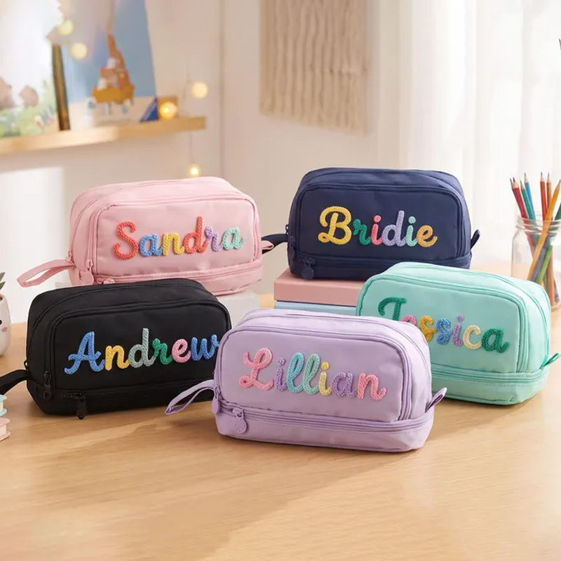 Personalized Rope Embroidery Name Pencil Case Cute Zipper Stationery Storage Bag For Kids School And Office