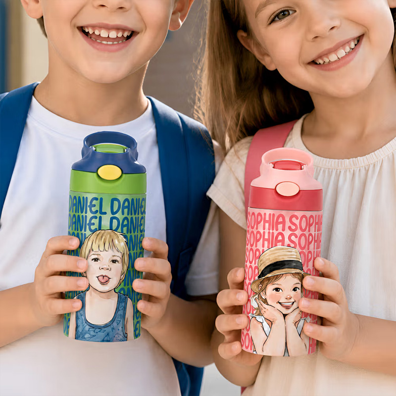 Personalized Watercolor Style Photo 12 oz Insulated Water Bottle with Name and Straw Daily Use Back to School Birthday Gift for Kids Boys Girls