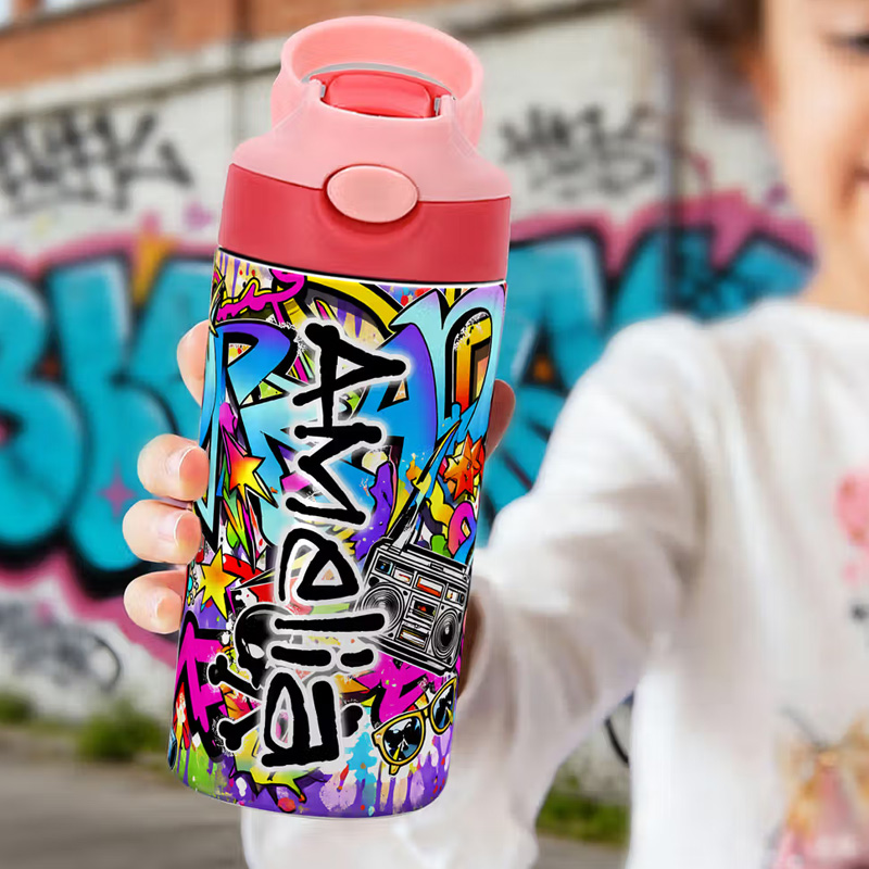 Personalized Graffiti Style 12 oz Insulated Kid Water Bottle with Name and Straw Back to School Birthday Gift for Boys Girls