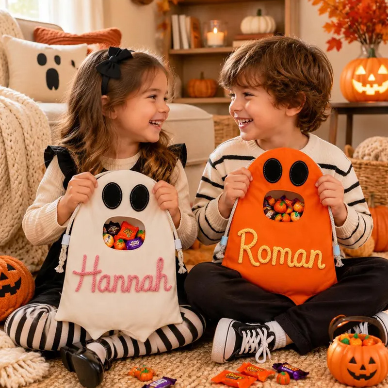 Personalized Rope Embroidery Ghost Halloween Candy Bag Custom Name Trick or Treat Bucket