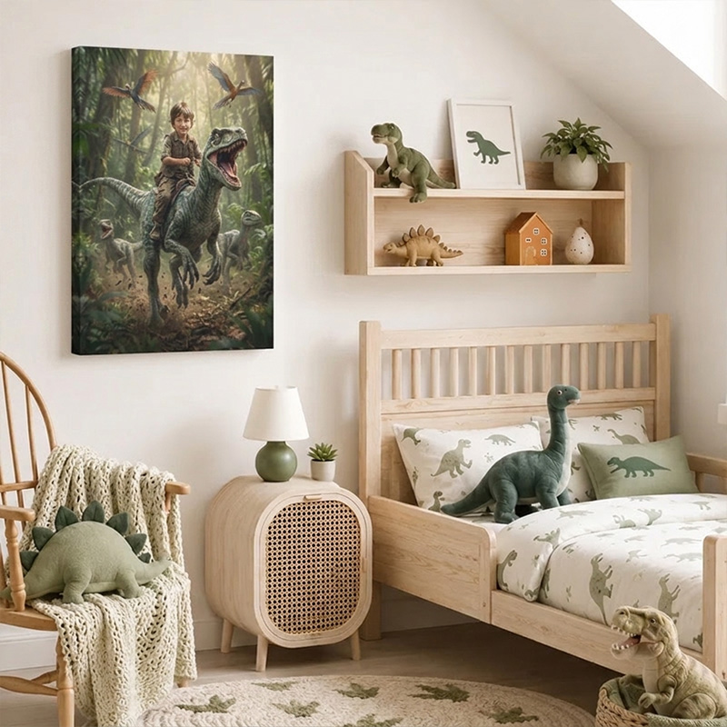 Personalized Dinosaur Adventure Canvas Custom Photo Kid Riding Raptor Jungle Wall Art For Boys Room Decor
