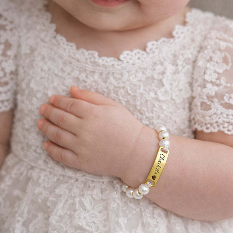 Personalized Baby Name Pearl Bracelet Custom Engraved Gold Bar Newborn Baptism Gift Keepsake For Girls Boys
