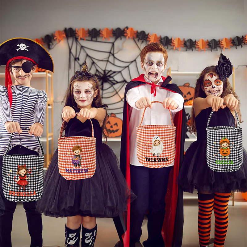 Personalized Halloween Trick Or Treat Bag Gingham Vampire Candy Bucket Custom Name Reusable Kids Treat Tote