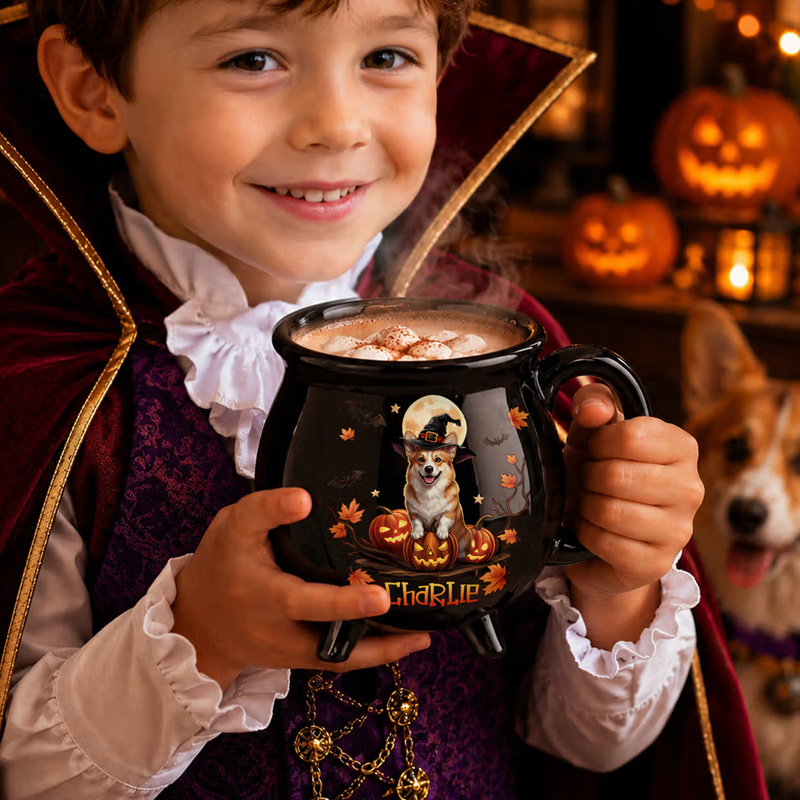 Personalized Halloween Style Pet Photo Pumpkin Cauldron Ceramic Coffee Mug with Name and Handle Halloween Party Birthday Gift for Pet Owners Lovers