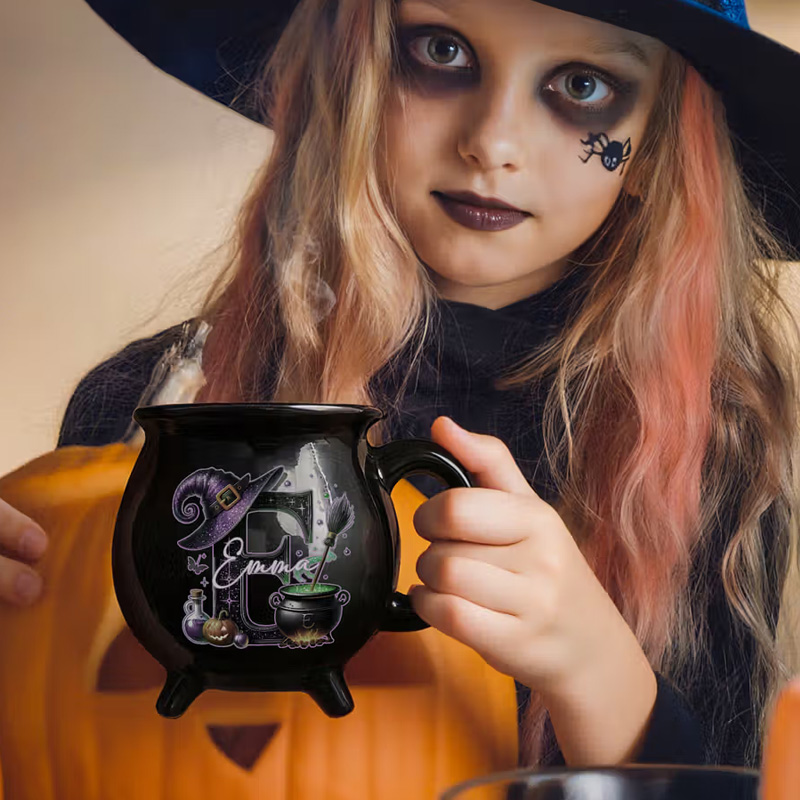 Personalized Magic Pot and Witch Hat Glitter Initial Black Cauldron Ceramic Coffee Mug with Name Trick or Treat Halloween Party Gift for Women Kids