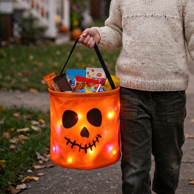 Personalized Halloween Led Light Up Pumpkin Candy Bucket Custom Name Glow In Dark Trick Or Treat Bag