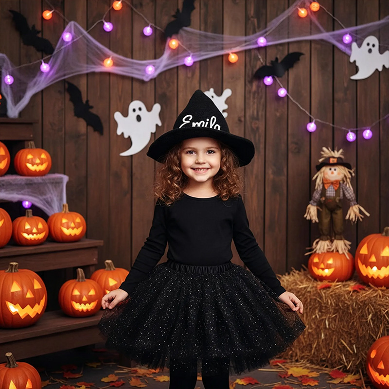 Personalized Kids Witch Hat Custom Name Halloween Costume Accessory Matching Sibling Black Pointed Hat