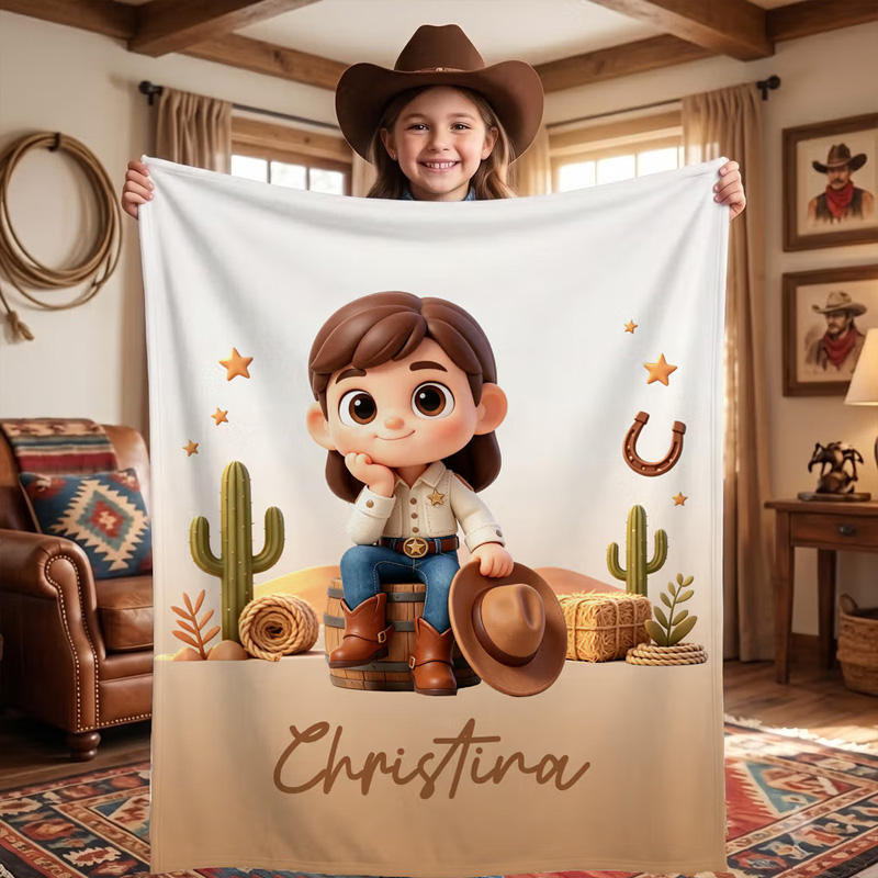 Personalized Cactus Cartoon Character Photo Soft Throw Blanket with Name Home Decor Birthday Gift for Kids Cowgirls Cowboys