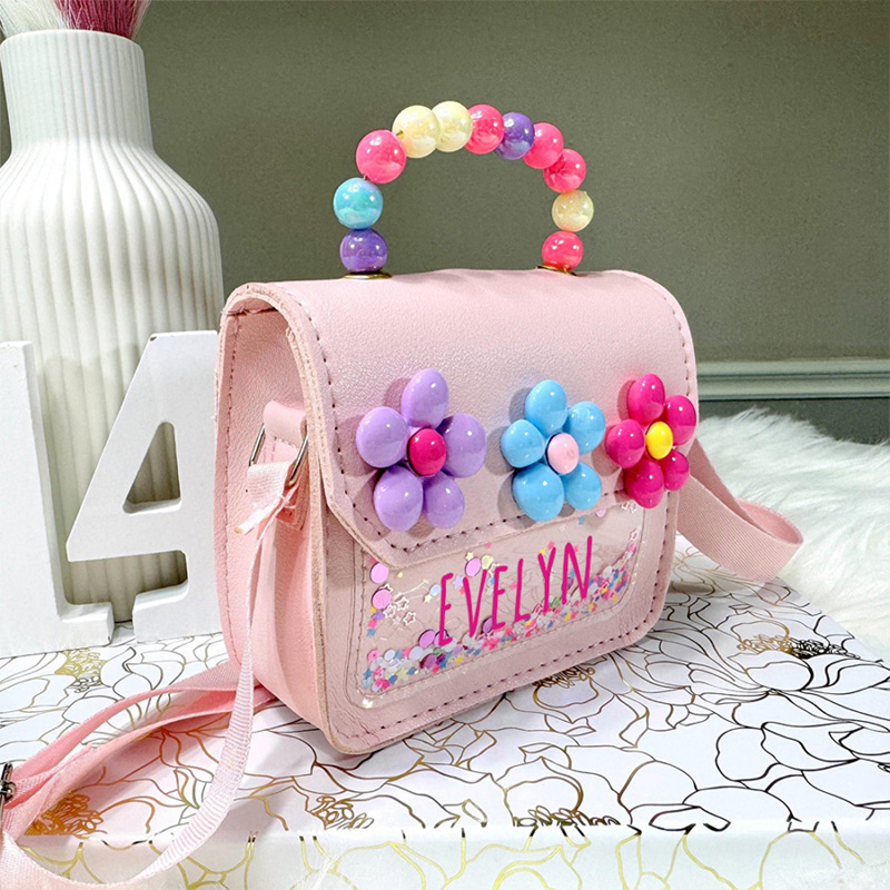 Personalized Kids Crossbody Flower Purse Custom Name Glitter Handbag Rainbow Beaded Handle Gift for Gilr