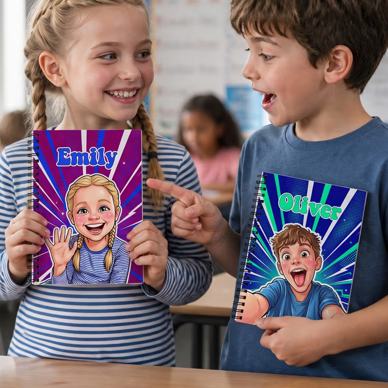 Personalized Comic-Style Photo Character A5 Spiral Journal Notebook with Name Daily Use Birthday Gift for Boys Girls Kids