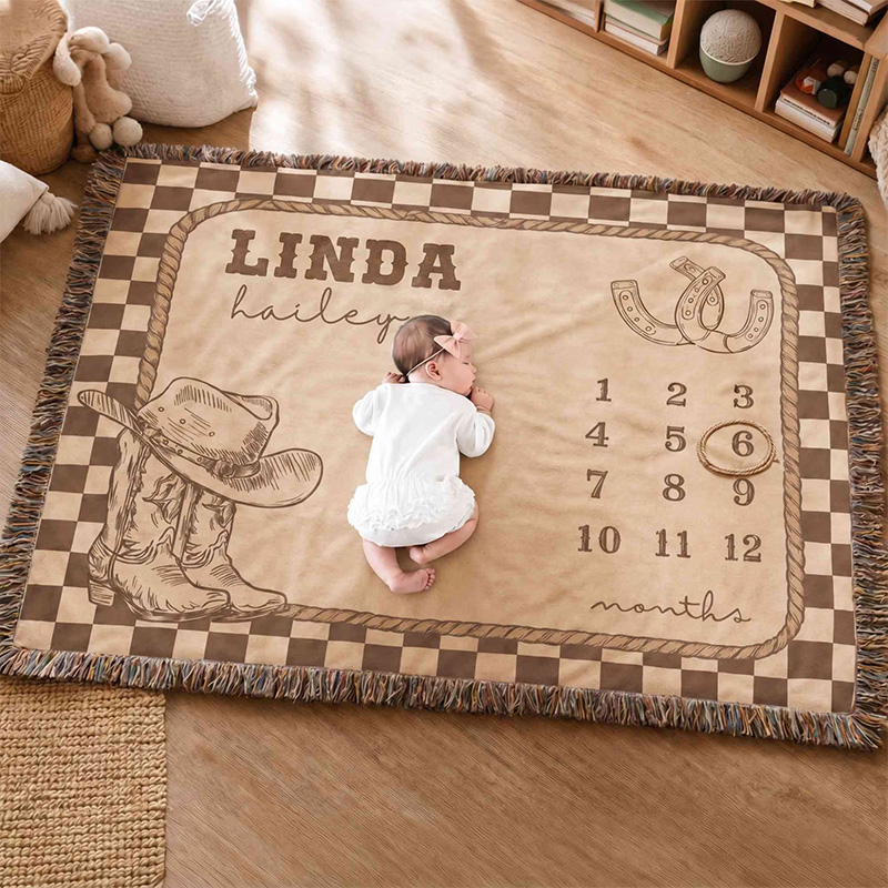 Personalized Baby Cowboy Milestone Blanket Custom Name Western Month Tracker Soft Photo Prop Rug