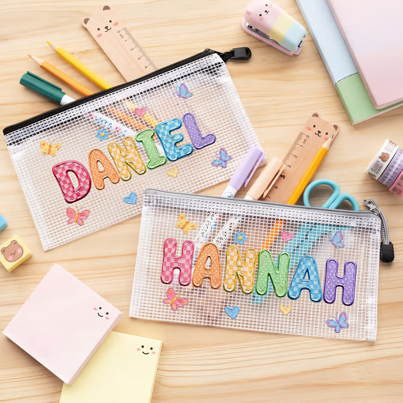 Personalized Oil Painting Style Butterfly Heart Waterproof Portable Mesh Pencil Pouch with Name and Zipper Back to School Birthday Gift for Kids