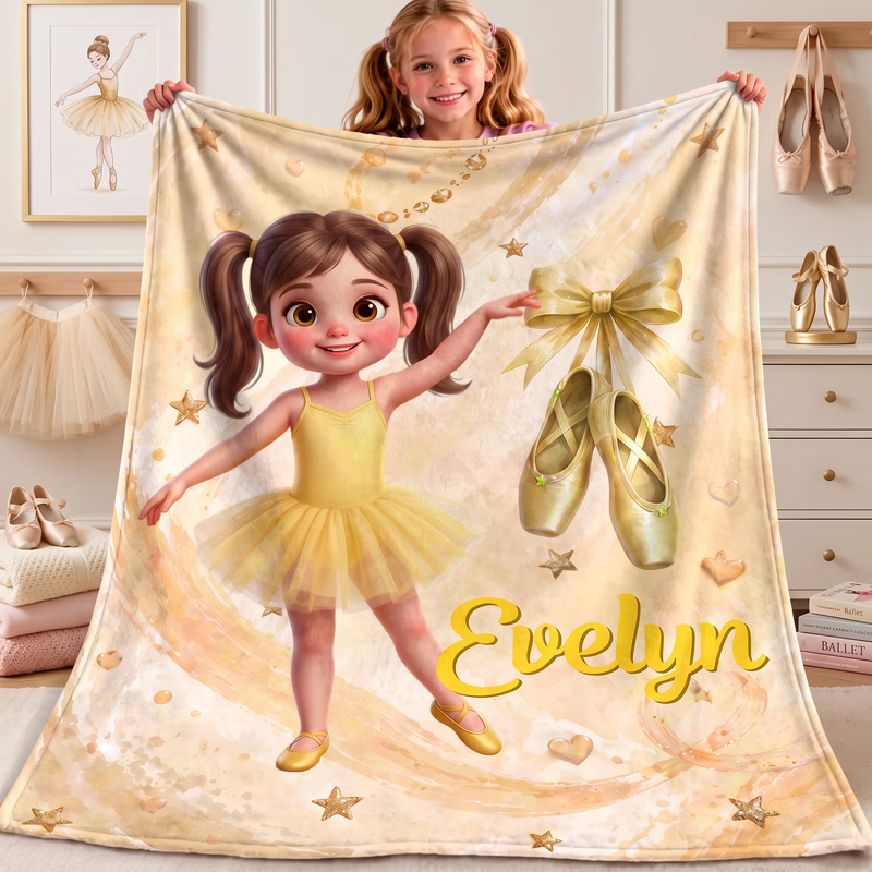 Personalized Ballerina Blanket Custom Name Pink Ballet Girl Soft Cozy Throw For Kids Bedroom Gift
