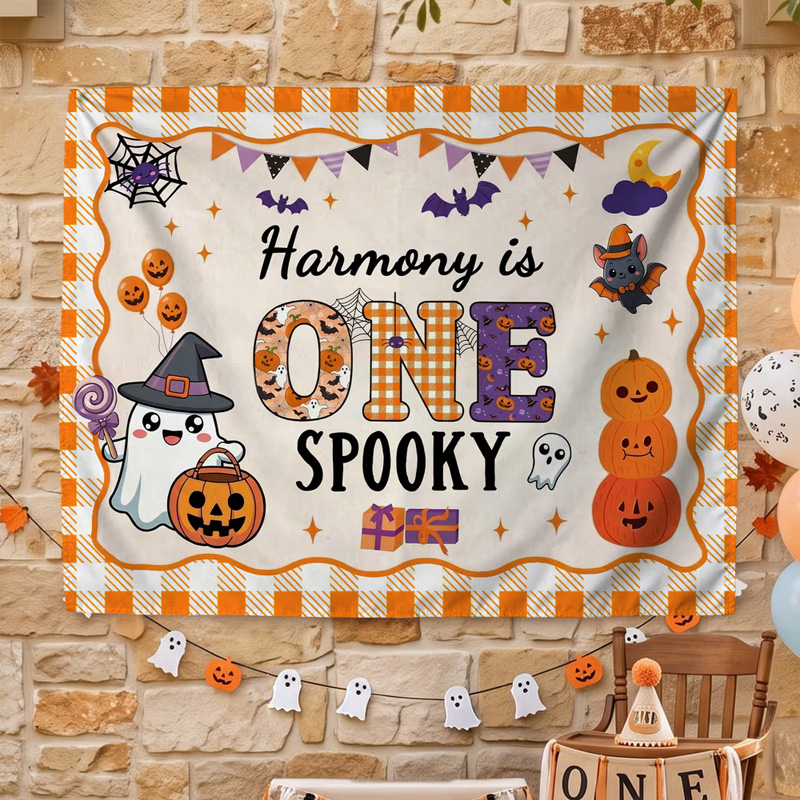 Personalized Cute Bat Pumpkin Ghost Banner with Name Party Backdrop Decor First Birthday Halloween Party Gift for New Parent Baby