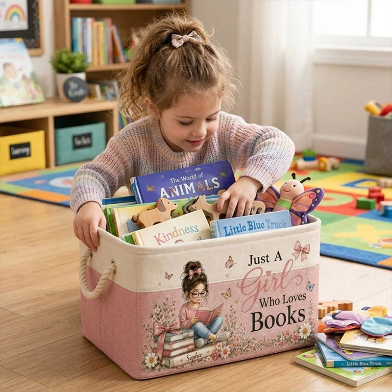 Personalized Book Storage Bin Custom Name Fabric Organizer For Kids Library Classroom Nursery Toy Basket