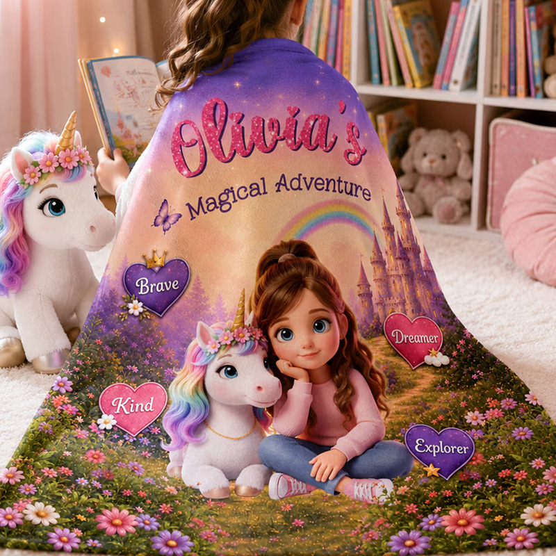 Personalized Cartoon Kid Photo Fantasy Rainbow Horse Dinosaur Adventure Soft Throw Blanket with Name Home Decor Back to School Birthday Gift for Kids